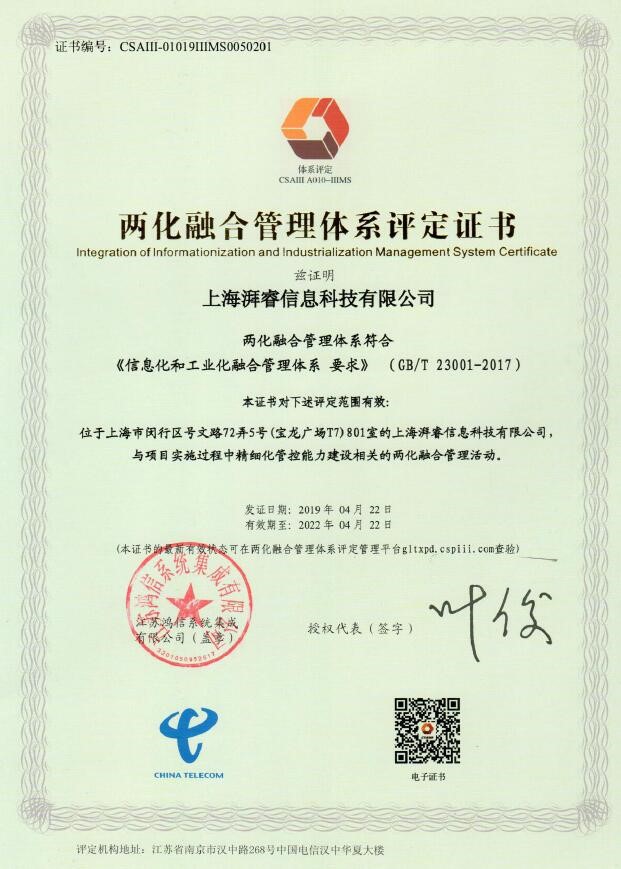 上海湃睿科技顺利通过两化融合管理体系评定